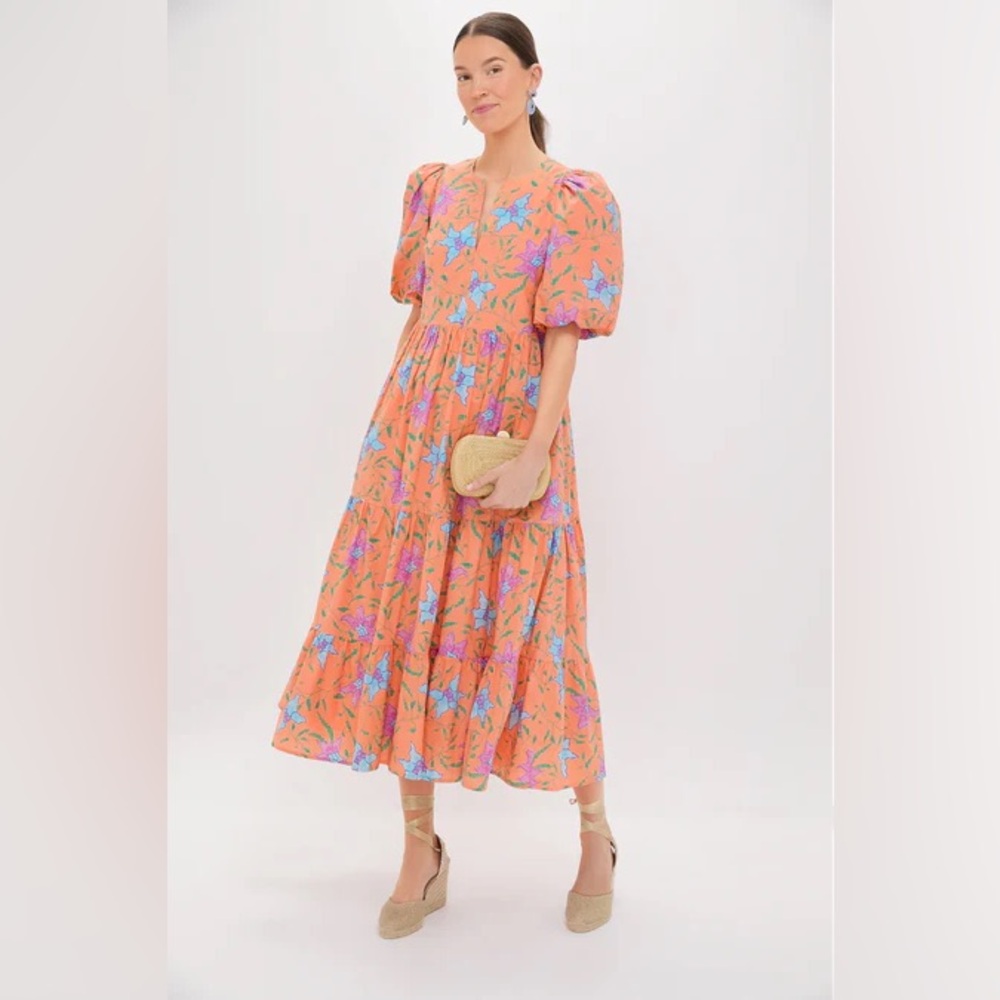 Tuckernuck Coral Maxi Dress with Blue & Pink Floral Print